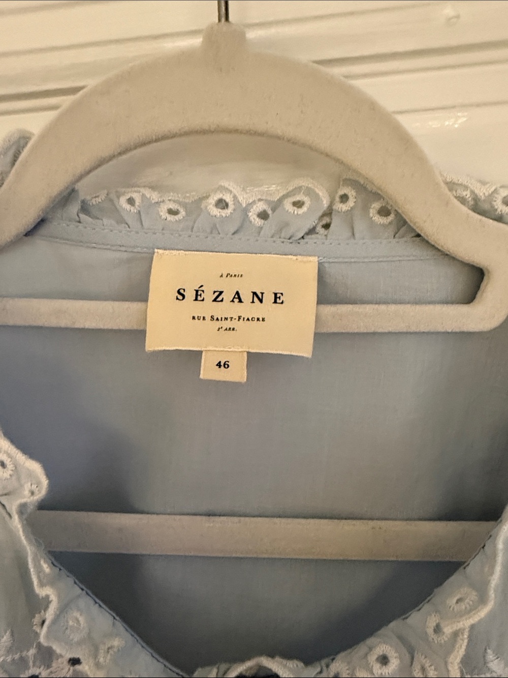 Sezane Pale Blue Eyelet Ruffle Button-Down Shirt - Picture 2 of 5